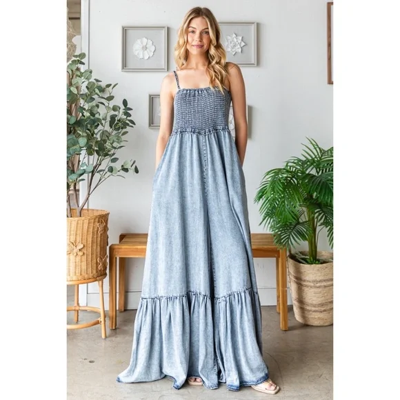 Oli & Hali Mineral Washed Flowy Tencel Denim Relaxed Fit Wide Leg Jumpsuit - Picture 7 of 8